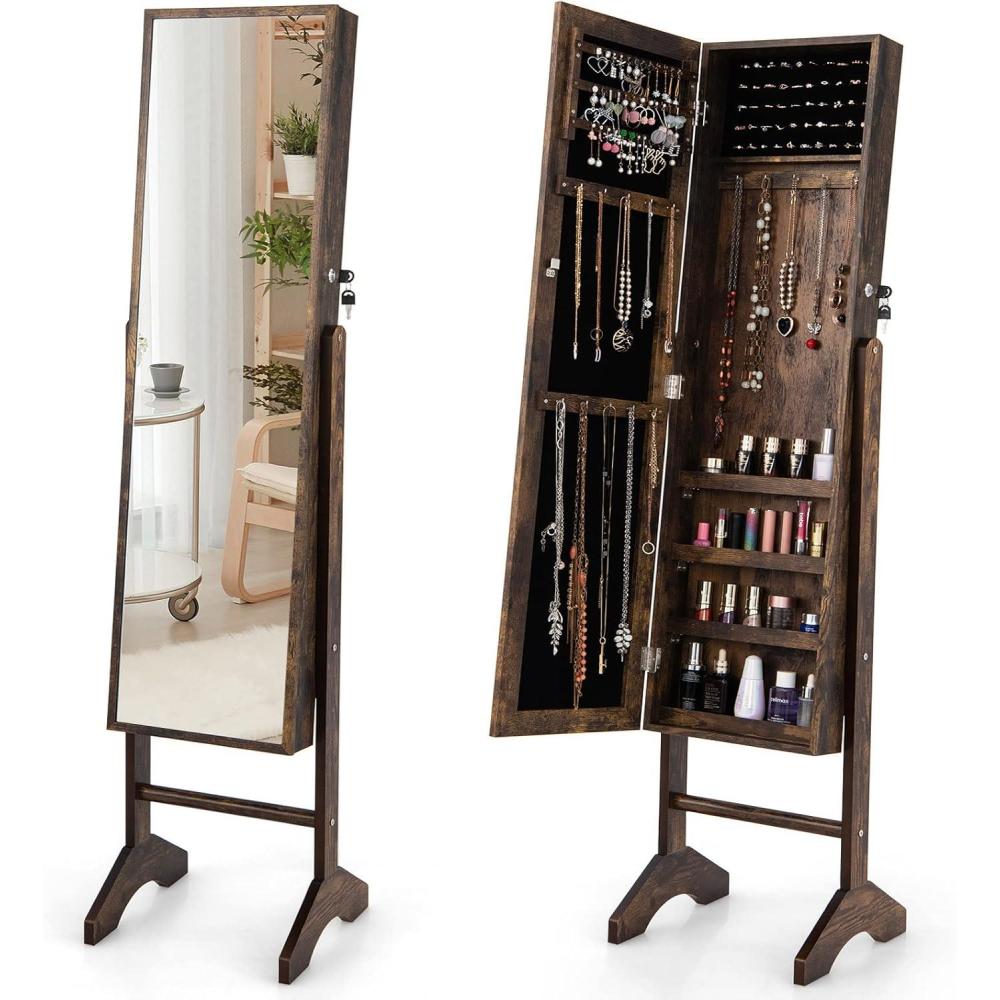 image:imageCHARMAID Jewelry Organizer with Full Length Mirror Standing Jewelry Armoire Cabinet with Lockable Door and 2 Keys Stand up Jewelry Box Mirror with Jewelry Storage Rustic BrownRustic Brown