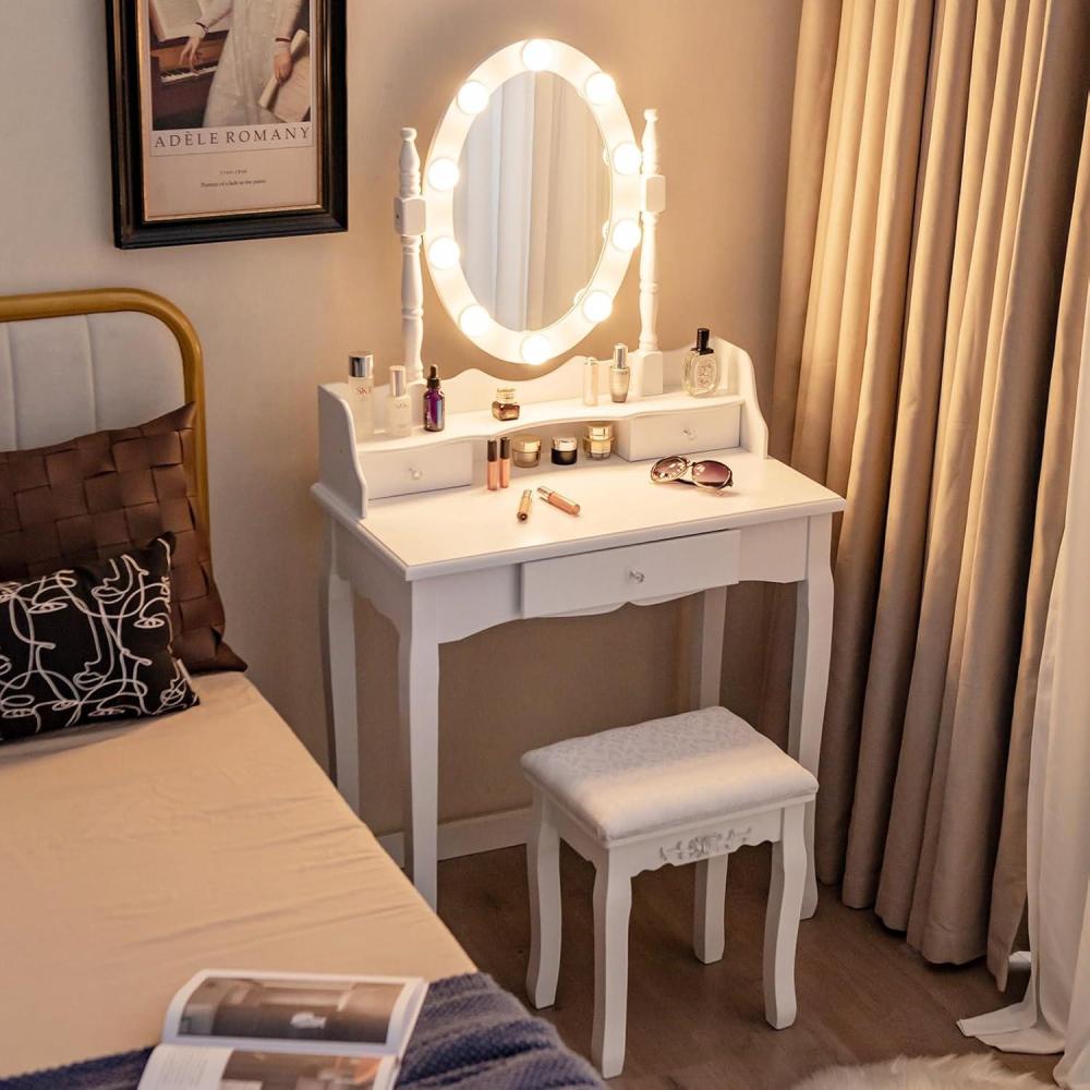 image:imageCHARMAID LED Vanity Desk with Lighted Mirror 10 Dimming Bulbs 5 Drawers 3 Storage Organizers Makeup Vanity Desk with Stool Bedroom Dressing Table Gift for Girls Women WhiteWhite