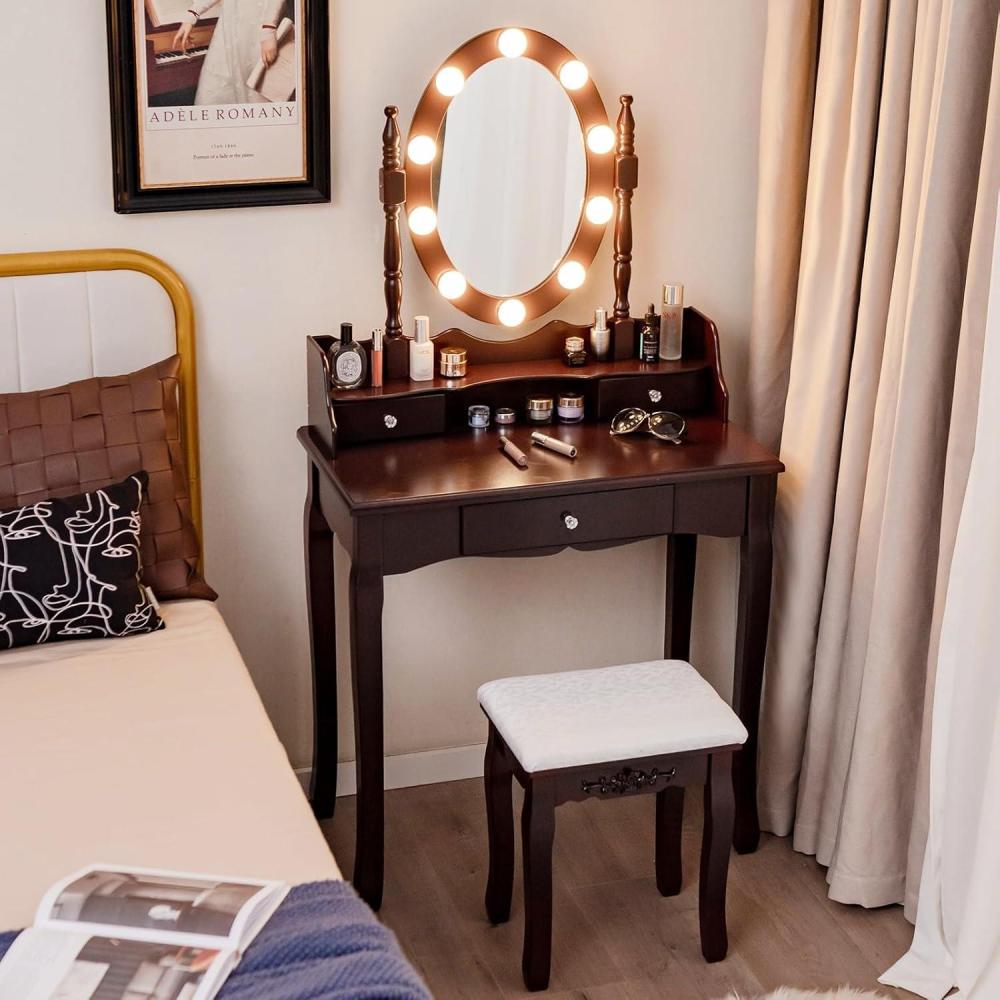 image:imageCHARMAID LED Vanity Desk with Lighted Mirror 10 Dimming Bulbs 5 Drawers 3 Storage Organizers Makeup Vanity Desk with Stool Bedroom Dressing Table Gift for Girls Women WhiteEspresso