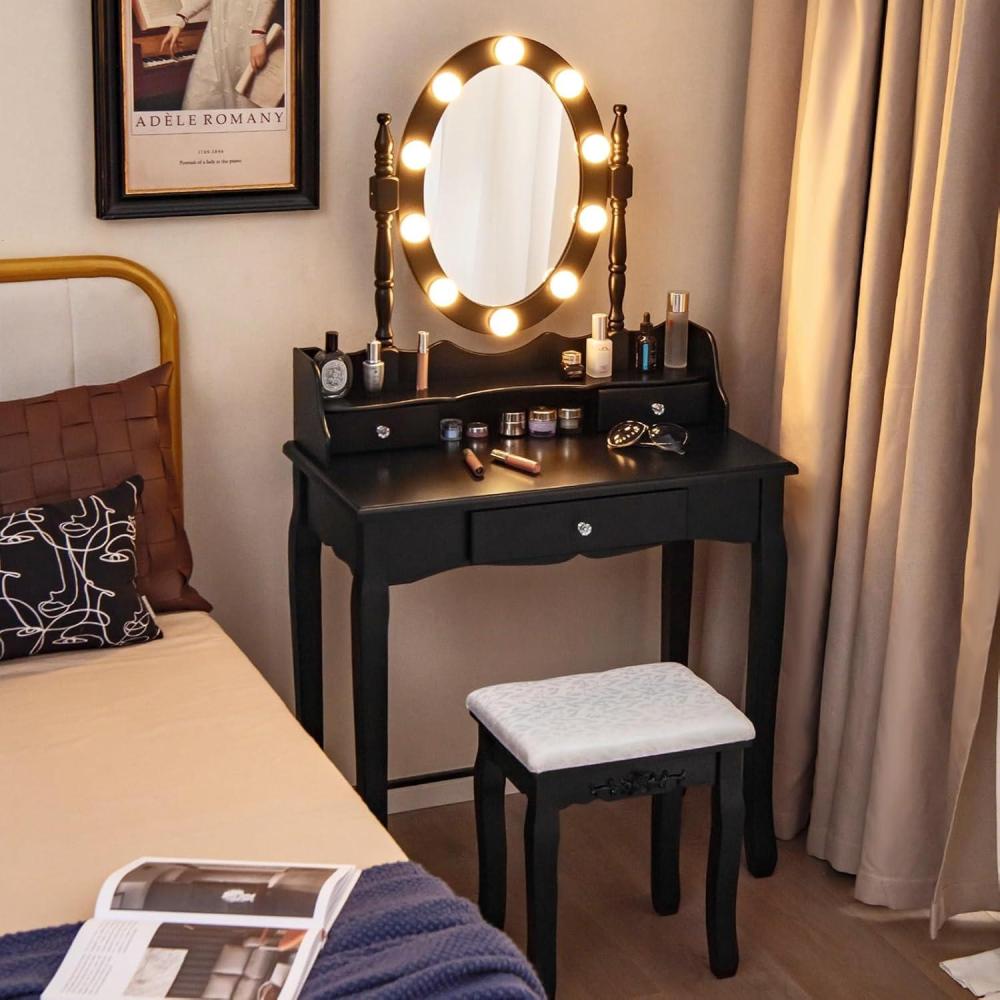 image:imageCHARMAID LED Vanity Desk with Lighted Mirror 10 Dimming Bulbs 5 Drawers 3 Storage Organizers Makeup Vanity Desk with Stool Bedroom Dressing Table Gift for Girls Women WhiteBlack