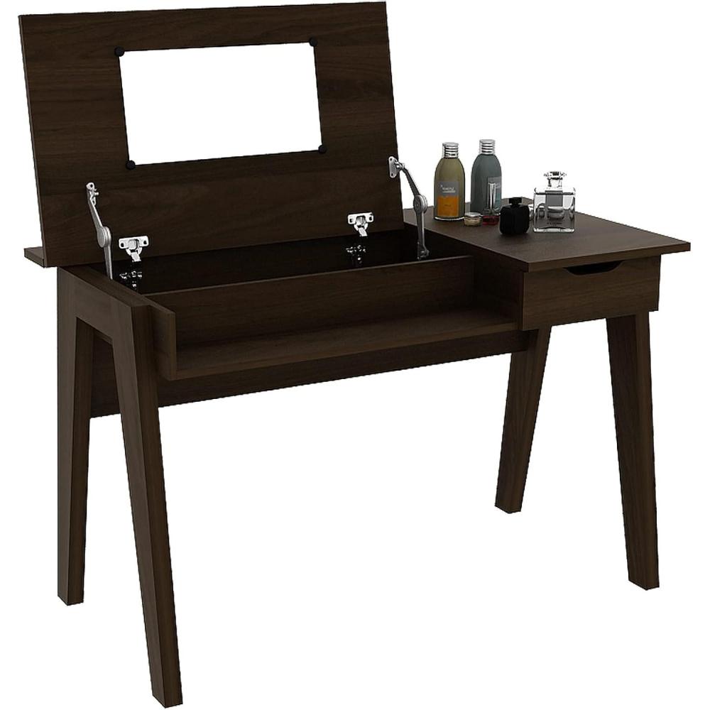 image:imageCHARMAID Large Vanity Table with Flip Top Mirror 48 Home Office Computer Desk Open Storage Cubby and Drawer Modern Wood Writing Makeup Dressing Table Easy Assembly Espresso