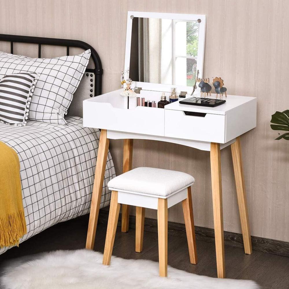 image:imageCHARMAID Makeup Vanity Desk with Flip Top Mirror 3 Drawers 7 Storage Compartments White Writing Desk Dressing Table Vanity Set with Cushioned Stool for Kids Girls Women Easy AssemblyWhite