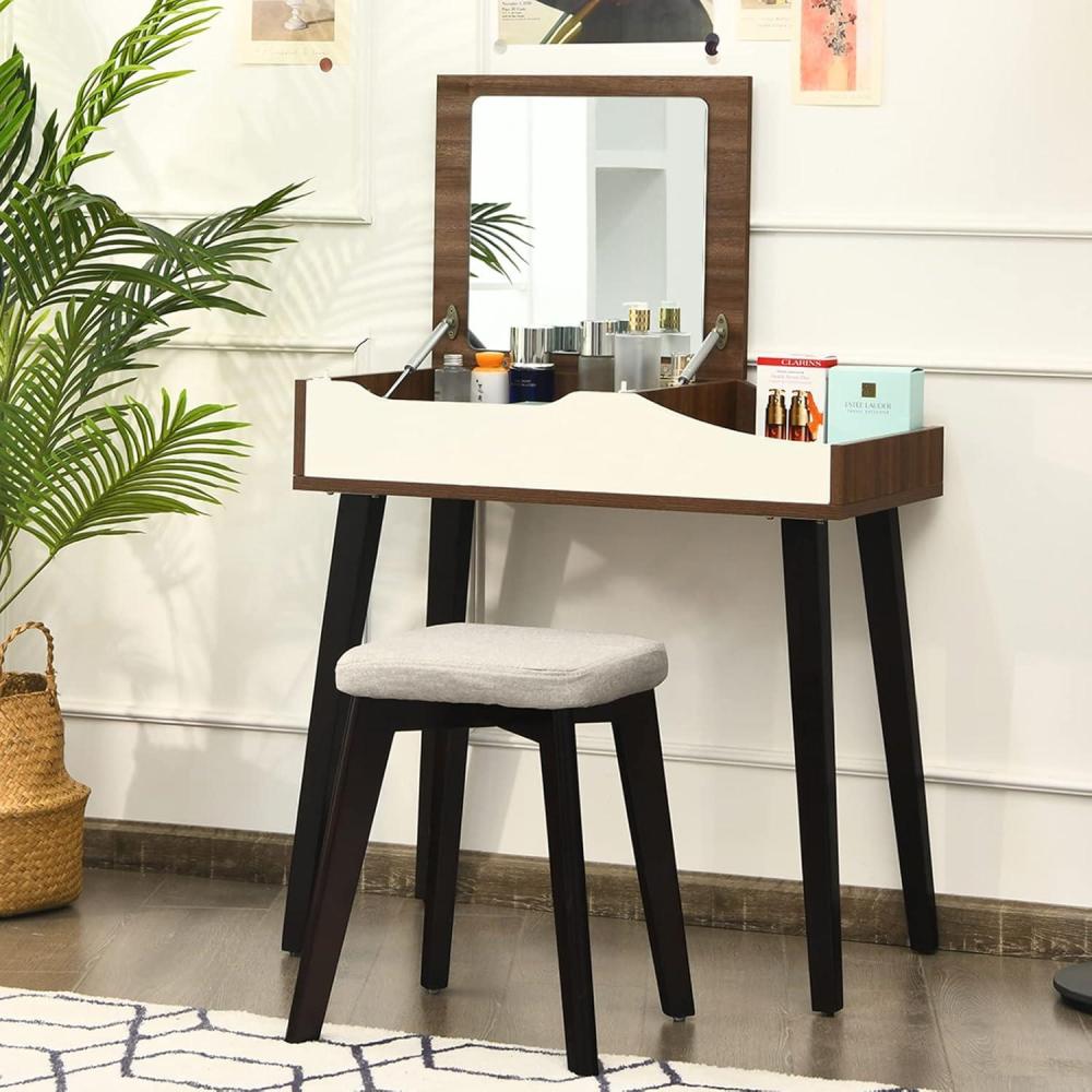 image:imageCHARMAID Makeup Vanity Desk with Flip Top Mirror 3 Drawers 7 Storage Compartments White Writing Desk Dressing Table Vanity Set with Cushioned Stool for Kids Girls Women Easy AssemblyBrown