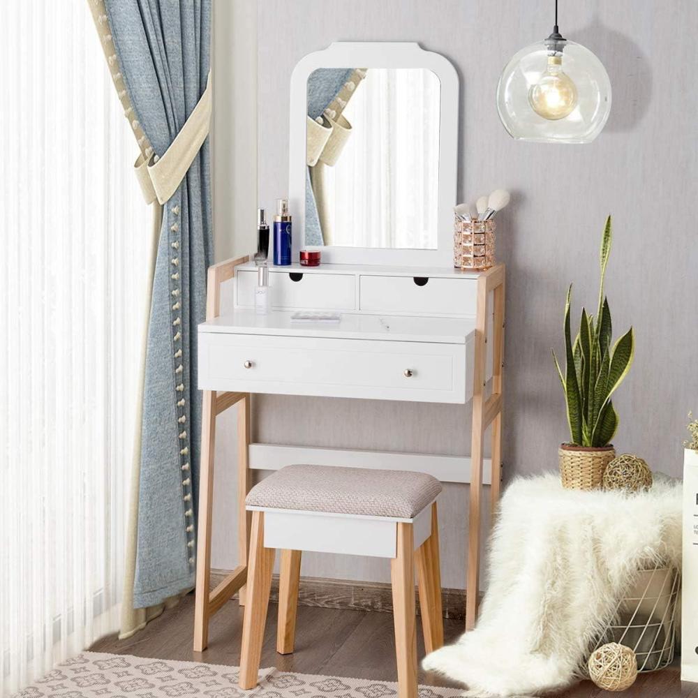 image:imageCHARMAID Small Vanity Desk with Mirror White Makeup Vanity Desk with 3 Drawers Adjustable Heights Compact Bedroom Dressing Table with Stool for Small SpaceWhite Natural No Light