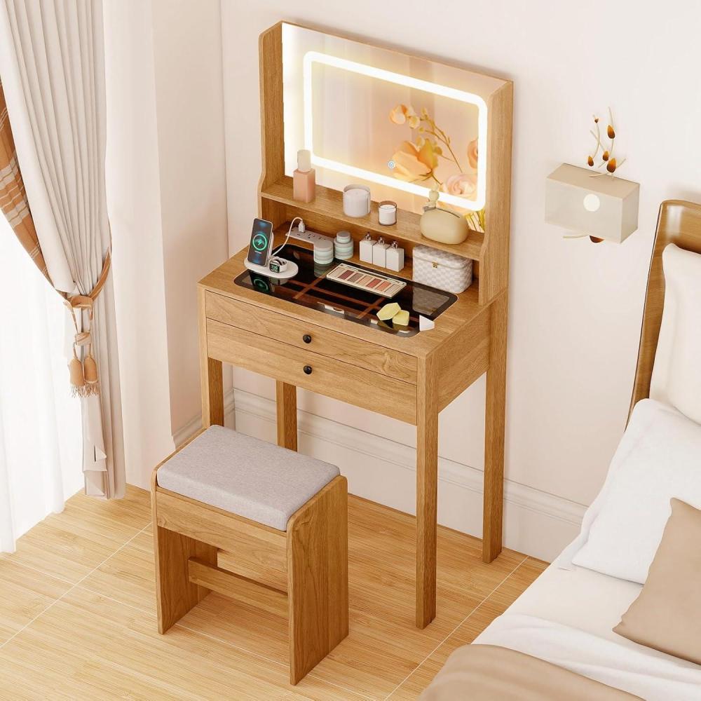 image:imageCHARMAID Small Vanity Desk with Mirror White Makeup Vanity Desk with 3 Drawers Adjustable Heights Compact Bedroom Dressing Table with Stool for Small SpaceRustic Oak