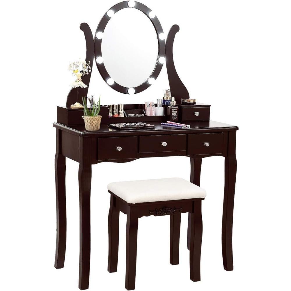 image:imageCHARMAID Vanity Desk with Mirror and Lights Makeup Vanity Table with 5 Storage Drawers 3 Color Lighting Modes Adjustable Brightness Modern Bedroom Dressing Table with Vanity Stool BlackEspresso