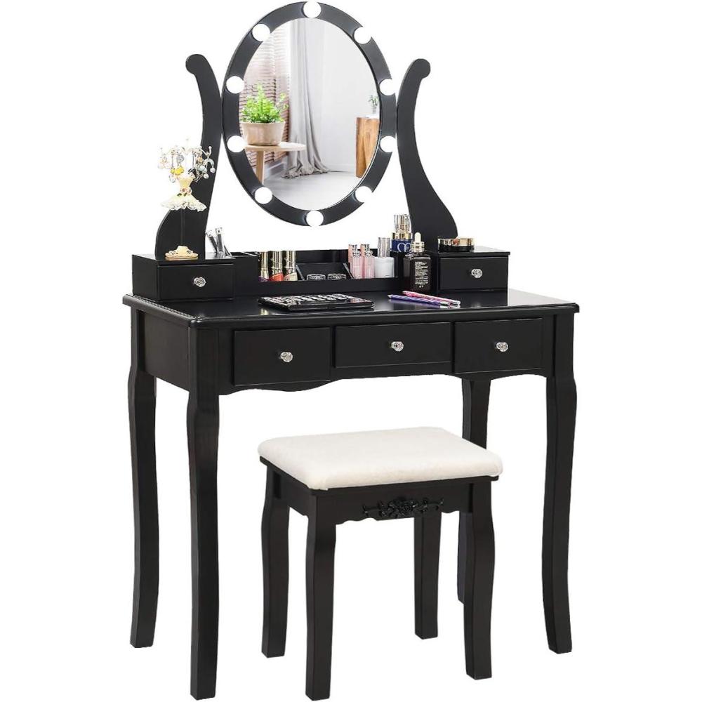 image:imageCHARMAID Vanity Desk with Mirror and Lights Makeup Vanity Table with 5 Storage Drawers 3 Color Lighting Modes Adjustable Brightness Modern Bedroom Dressing Table with Vanity Stool BlackBlack