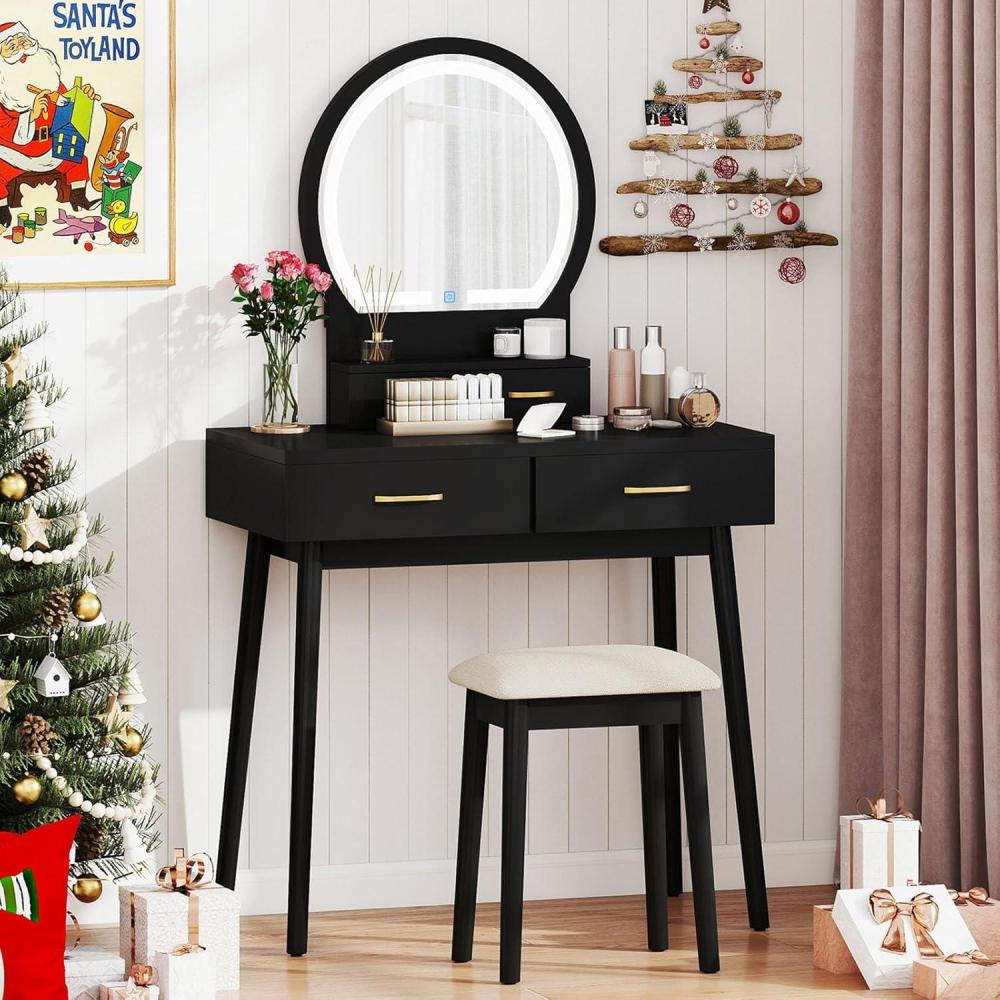 image:imageCHARMAID Vanity Desk with Mirror and Lights White Makeup Vanity Desk with 4 Drawers 3 Color Lighting Modes Adjustable Brightness Modern Dressing Table with Vanity Stool for Girls Small BedroomBlack