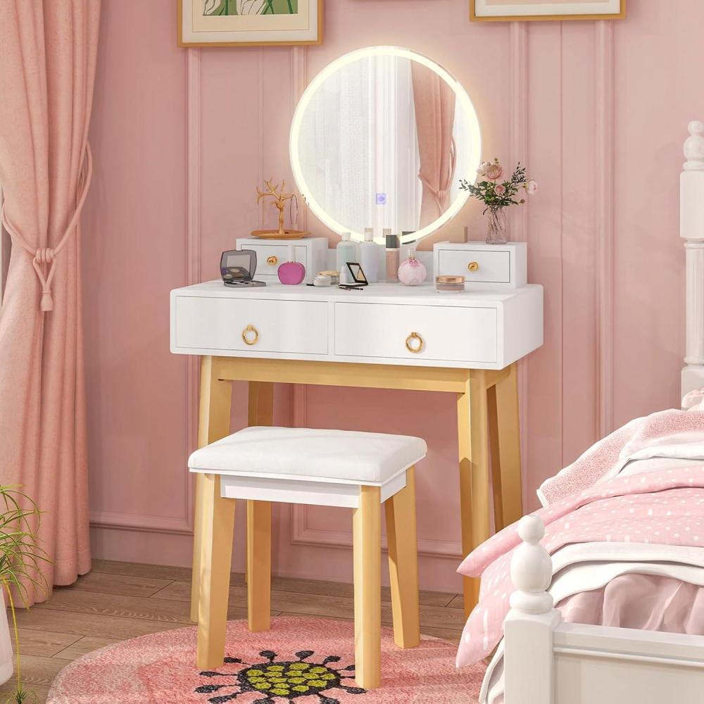 image:imageCHARMAID Vanity Desk with Mirror and Lights White Makeup Vanity Desk with 4 Drawers 3 Color Lighting Modes Adjustable Brightness Modern Dressing Table with Vanity Stool for Girls Small BedroomWhite Warm Wood