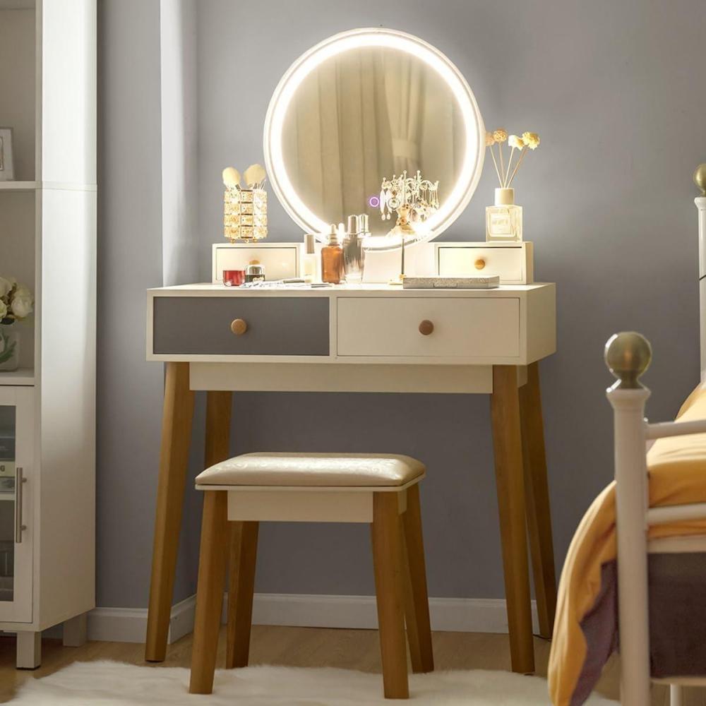 image:imageCHARMAID Vanity Desk with Mirror and Lights White Makeup Vanity Desk with 4 Drawers 3 Color Lighting Modes Adjustable Brightness Modern Dressing Table with Vanity Stool for Girls Small BedroomWhite Gray Warm Wood