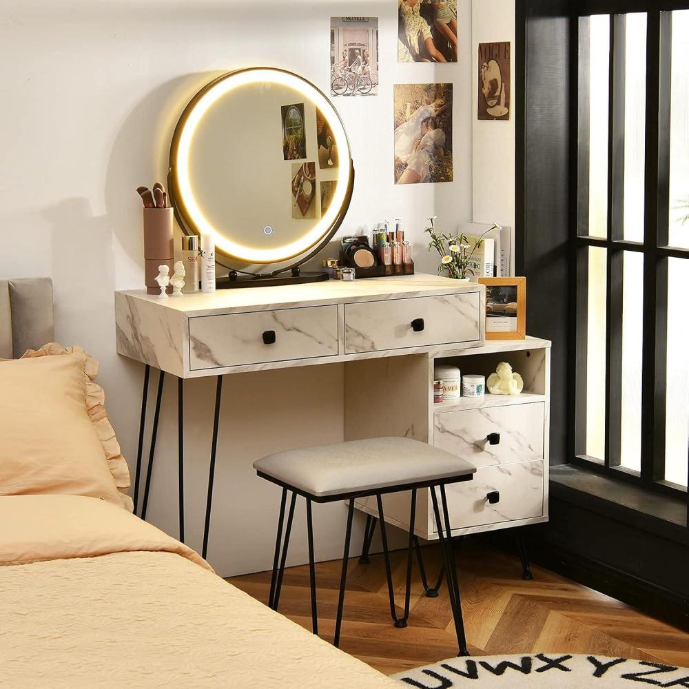 image:imageCHARMAID Vanity Desk with Reversible Side Cabinet Makeup Vanity Table with Lighted Mirror 3 Color Lights 4 Drawers Bedroom Dressing Table with Nightstand and Stool Rustic BrownWhite