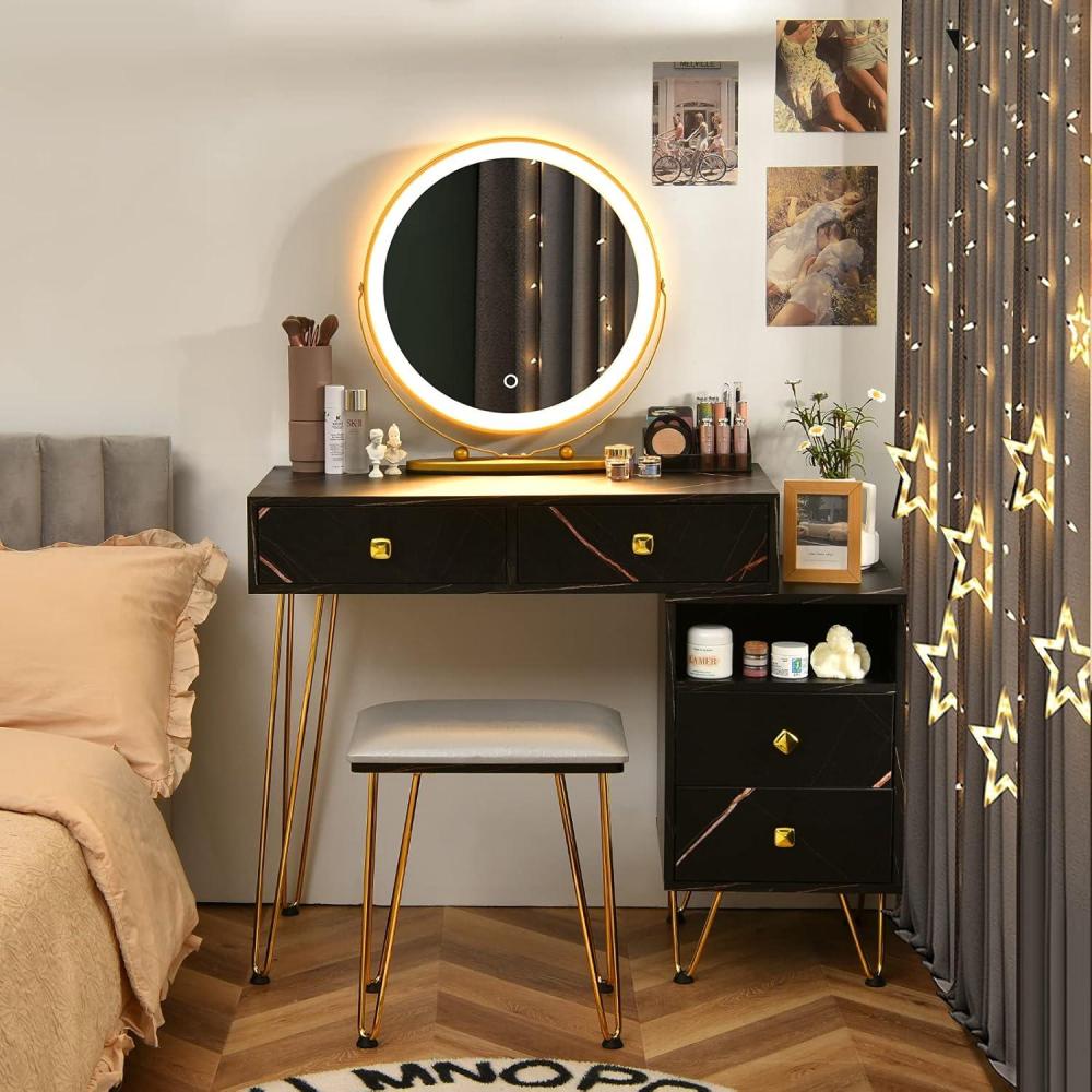 image:imageCHARMAID Vanity Desk with Reversible Side Cabinet Makeup Vanity Table with Lighted Mirror 3 Color Lights 4 Drawers Bedroom Dressing Table with Nightstand and Stool Rustic BrownMarble Black