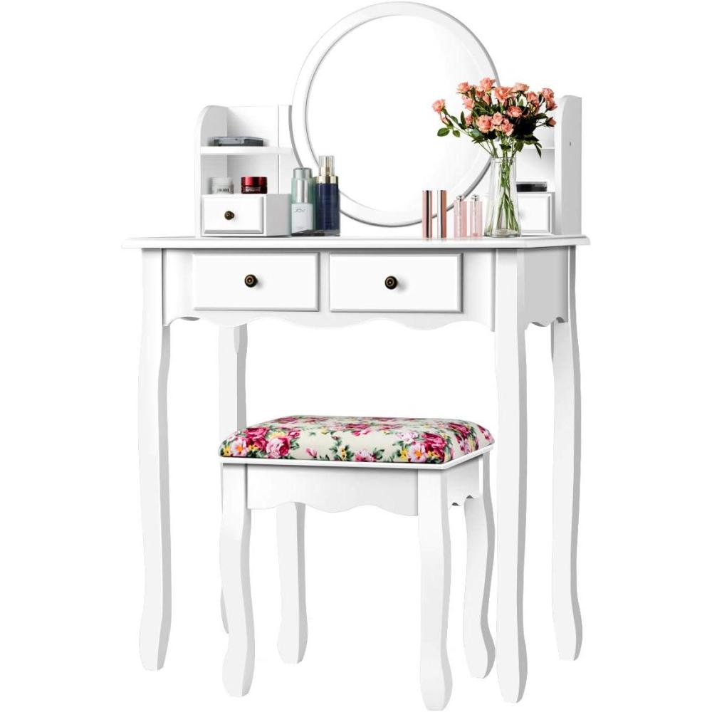 image:imageCHARMAID Vanity Set with 4 Storage Shelves and 4 Drawers Makeup Table with 360 Pivoted Round Mirror and Makeup Organizers Dressing Table with Mirror and Cushioned Stool for Women Girls BlackWhite