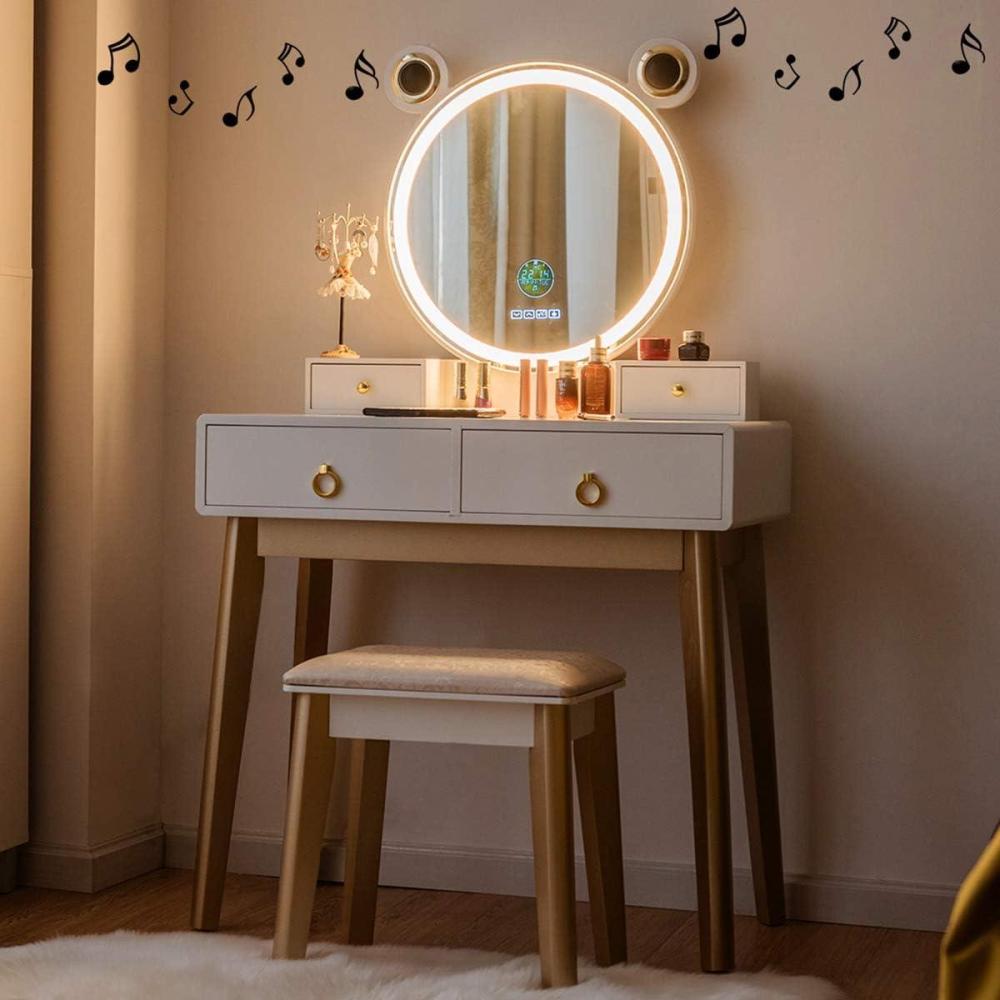 image:imageCHARMAID Vanity Set with Lighted Mirror 3 Color Touch Screen Dimming Mirror with Display 4 Drawers with Jewelry Organizer Bedroom Makeup Dressing Table with Cushioned Stool