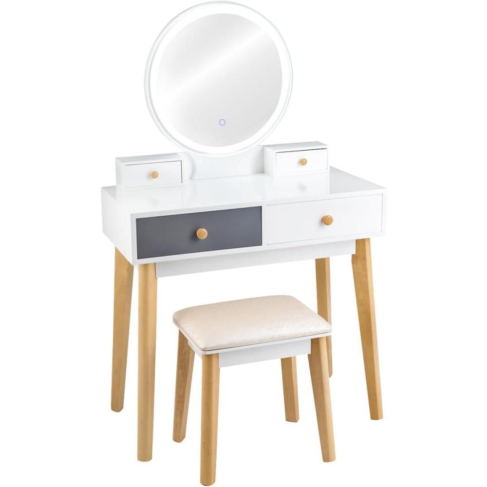 image:imageCHARMAID Vanity Set with Lighted Mirror 3 Lighted Modes Touch Screen Dimming Mirror Modern Bedroom Makeup Dressing Table with 4 Sliding Drawers and Cushioned Stool for Girls Women Gifts White