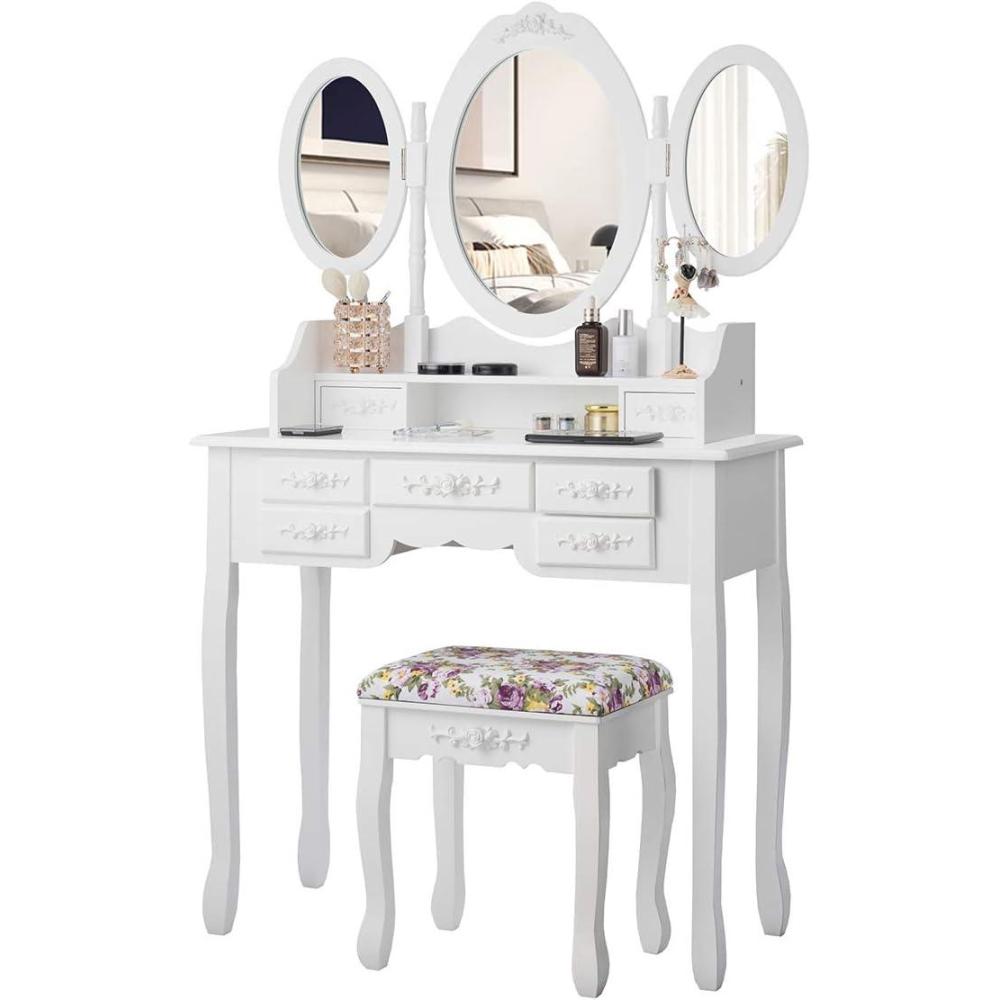 image:imageCHARMAID Vanity Set with TriFolding Mirror and Cushioned Stool Dressing Table with 7 Drawers and a Shelf Antique Makeup Table with Removable Top Vintage Makeup Vanity Set for Women Girls White