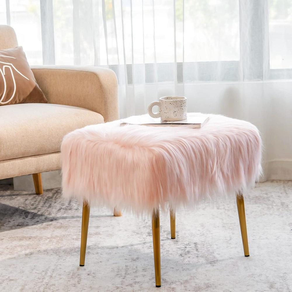 image:imageCHARMAID Vanity Stool for Makeup Room Faux Fur Ottoman with Golden Metal Legs Upholstered Entryway Shoe Bench End of Bed Plush Fluffy Foot Rest Bedroom Living Room Pink 20 x 16 x 18