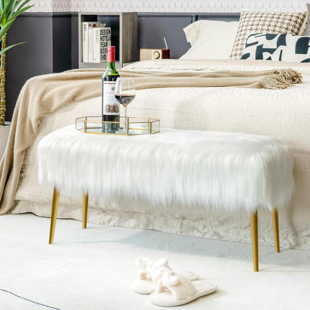 image:imageCHARMAID Vanity Stool for Makeup Room Faux Fur Ottoman with Golden Metal Legs Upholstered Entryway Shoe Bench End of Bed Plush Fluffy Foot Rest Bedroom Living Room White 36 x 14 x 18