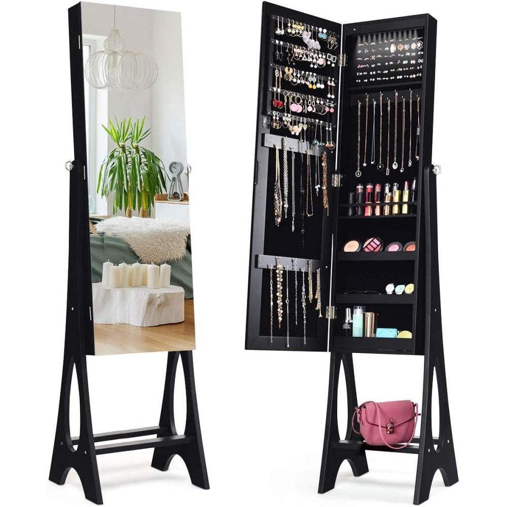 image:imageGiantex 12 LED Jewelry Armoire Cabinet with Frameless Fulllength Mirror Standing Jewelry Cabinet with 16 Lipstick Holders Large Storage Capacity 3 Angles Adjustable BlackBlack