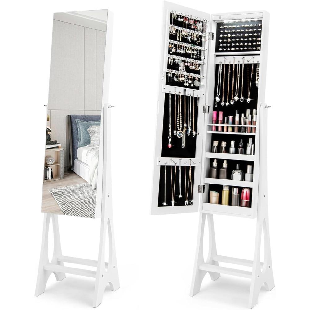 image:imageGiantex 12 LED Jewelry Armoire Cabinet with Frameless Fulllength Mirror Standing Jewelry Cabinet with 16 Lipstick Holders Large Storage Capacity 3 Angles Adjustable BlackWhite