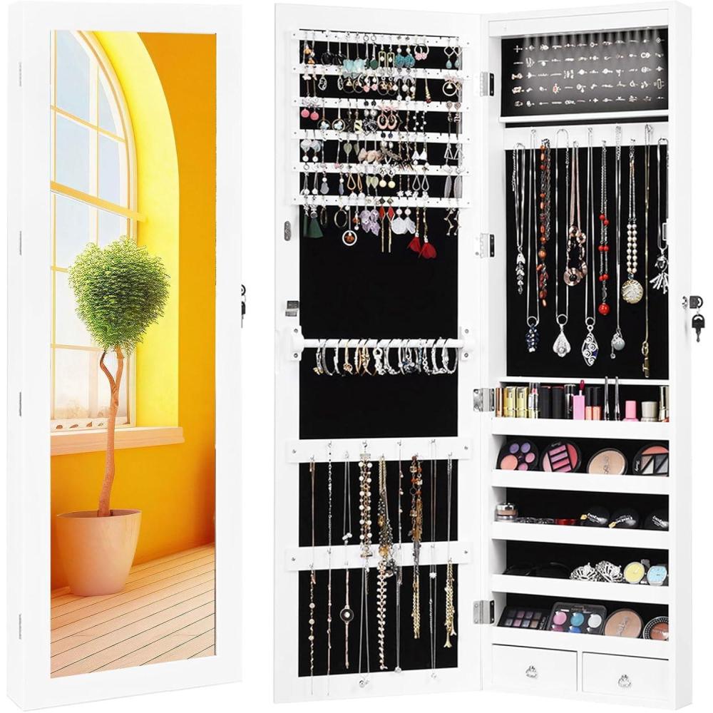 image:imageGiantex 15 LEDs Jewelry Armoire Wall Mounted or Door Hanging Lockable Jewelry Cabinet with Full Length Mirror Large Storage Jewelry Organizer Box Armoire for Girls Women 145W x 35D x 475H145W x 35D x 475H