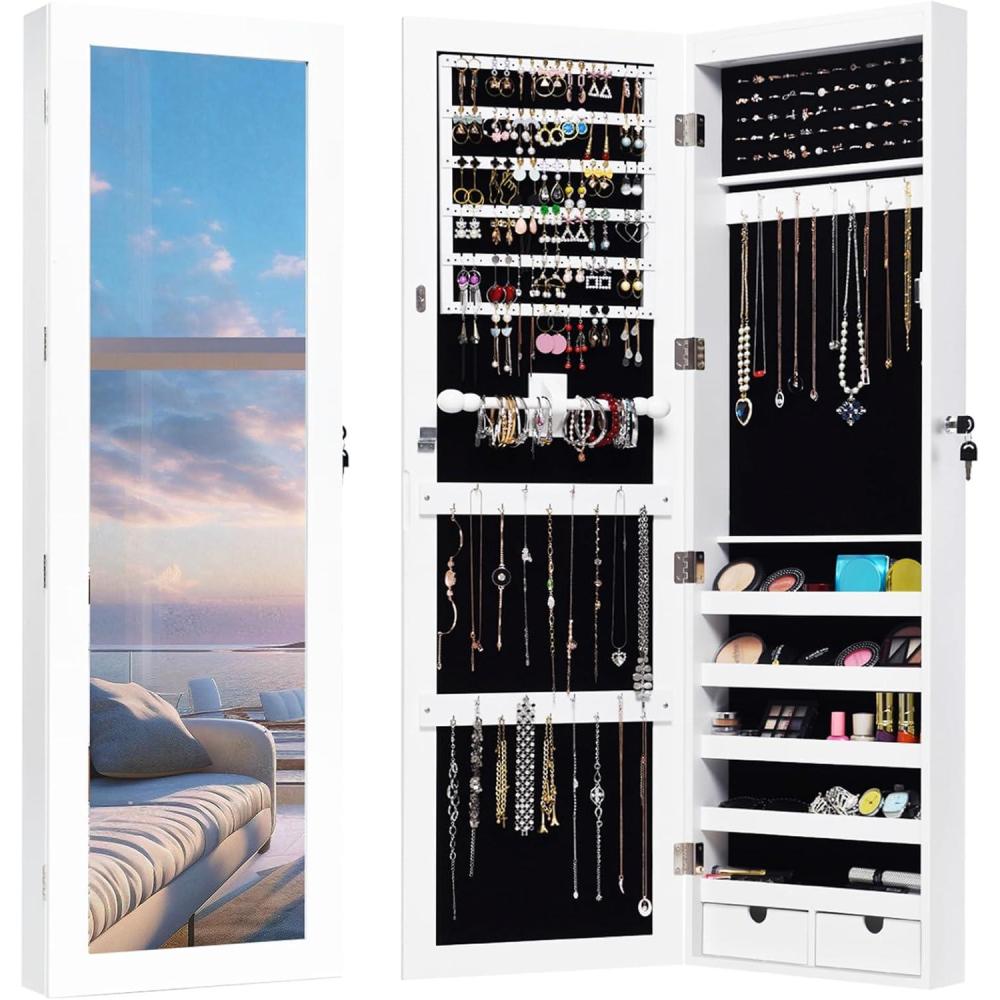 image:imageGiantex 15 LEDs Jewelry Armoire Wall Mounted or Door Hanging Lockable Jewelry Cabinet with Full Length Mirror Large Storage Jewelry Organizer Box Armoire for Girls Women 145W x 35D x 475H145W x 4D x 475H