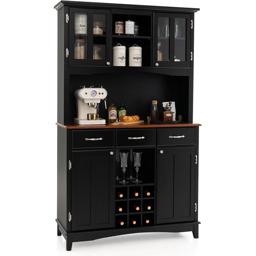 image:imageGiantex Buffet Hutch Cabinet Kitchen Hutch Sideboard Buffet Cabinet on Storage Island Wood Kitchenware Server with 3 Large Drawers and 9 Wine Bottle Modules WhiteBlack