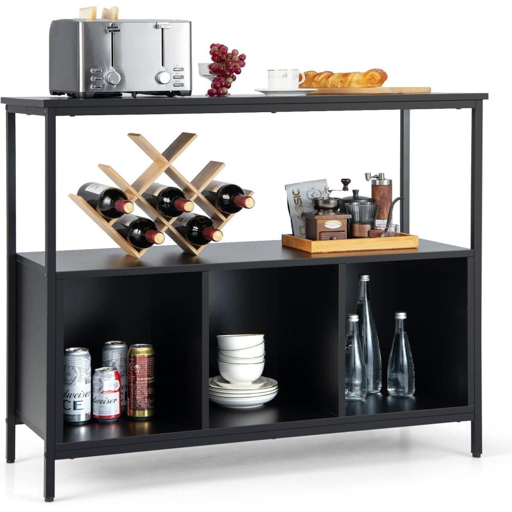 image:imageGiantex Buffet Sideboard Wooden Cupboard Kitchen Pantry wSpacious Countertop Large Open Shelf 3 Cube Storage Cabinet Sturdy Rustproof Steel Frame Modern Stationary Island Brown amp BlackBlack
