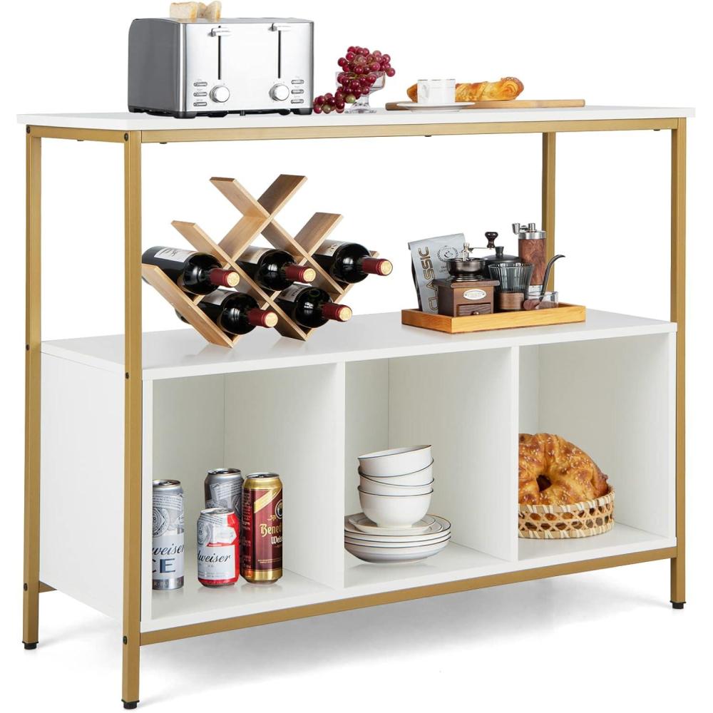 image:imageGiantex Buffet Sideboard Wooden Cupboard Kitchen Pantry wSpacious Countertop Large Open Shelf 3 Cube Storage Cabinet Sturdy Rustproof Steel Frame Modern Stationary Island Brown amp BlackWhite Golden