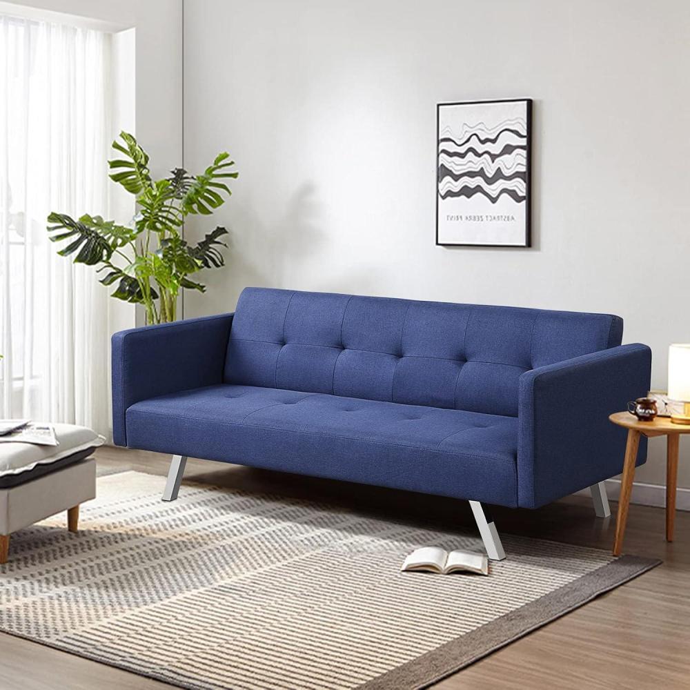 image:imageGiantex Convertible Futon Sofa Modern 3 Seat Sofa Bed with USB and Power Strip Folding Loveseat Linen Fabric Lounge Couch for Apartment Dorm Easy Assembly GreyBlue
