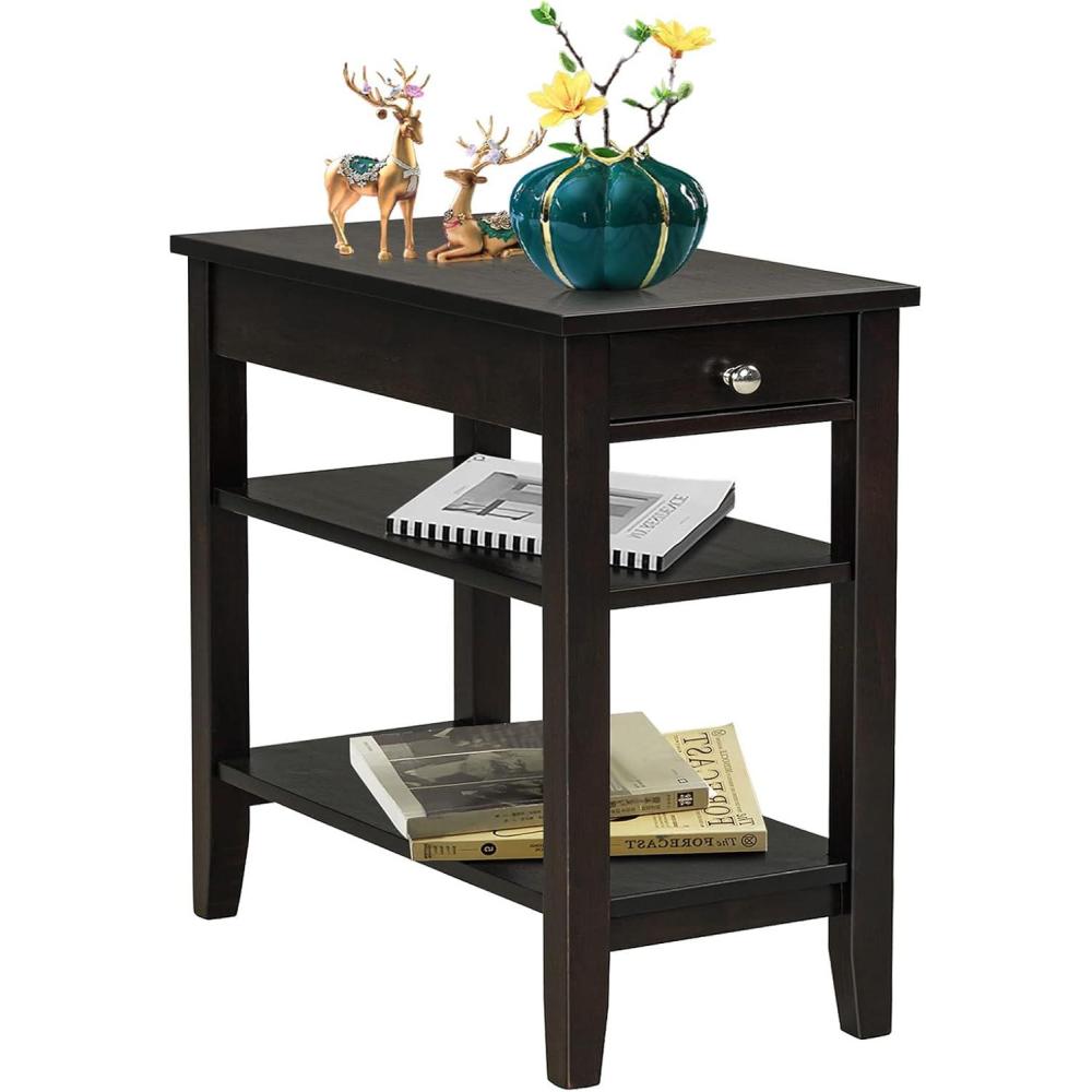 image:imageGiantex End Table with Drawer Narrow Side Table with 2Tier Open Storage Shelves Slim Side End Table Compact Nightstand Bedside Table for Living Room Bedroom Small Space BlackEspresso