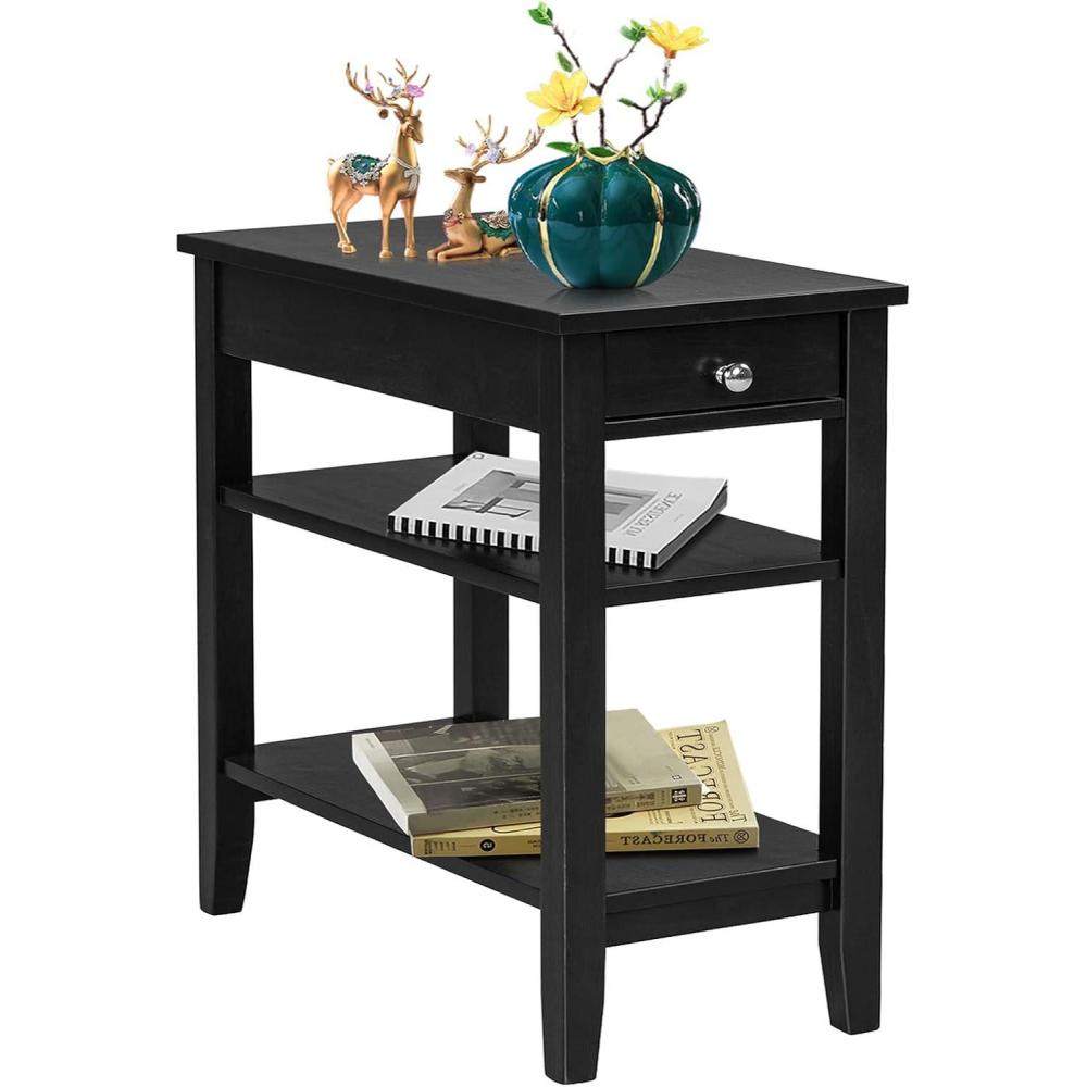image:imageGiantex End Table with Drawer Narrow Side Table with 2Tier Open Storage Shelves Slim Side End Table Compact Nightstand Bedside Table for Living Room Bedroom Small Space BlackBlack