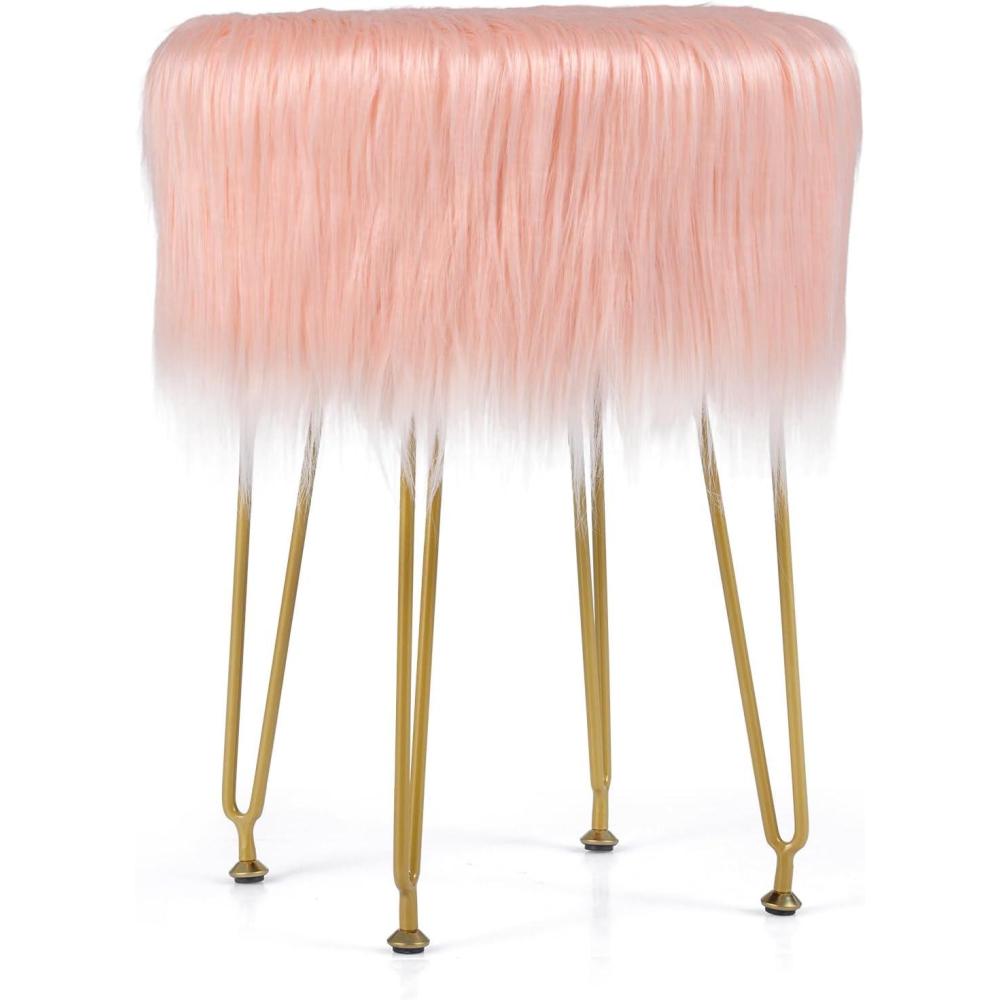 image:imageGiantex Faux Fur Vanity Stool Chair Pink Round Furry Makeup Stool with Adjustable Footings Fluffy Padded Seat 4 Metal Legs Small Ottoman Foot Rest for Living Room Bedroom Makeup Room EntrywayPink