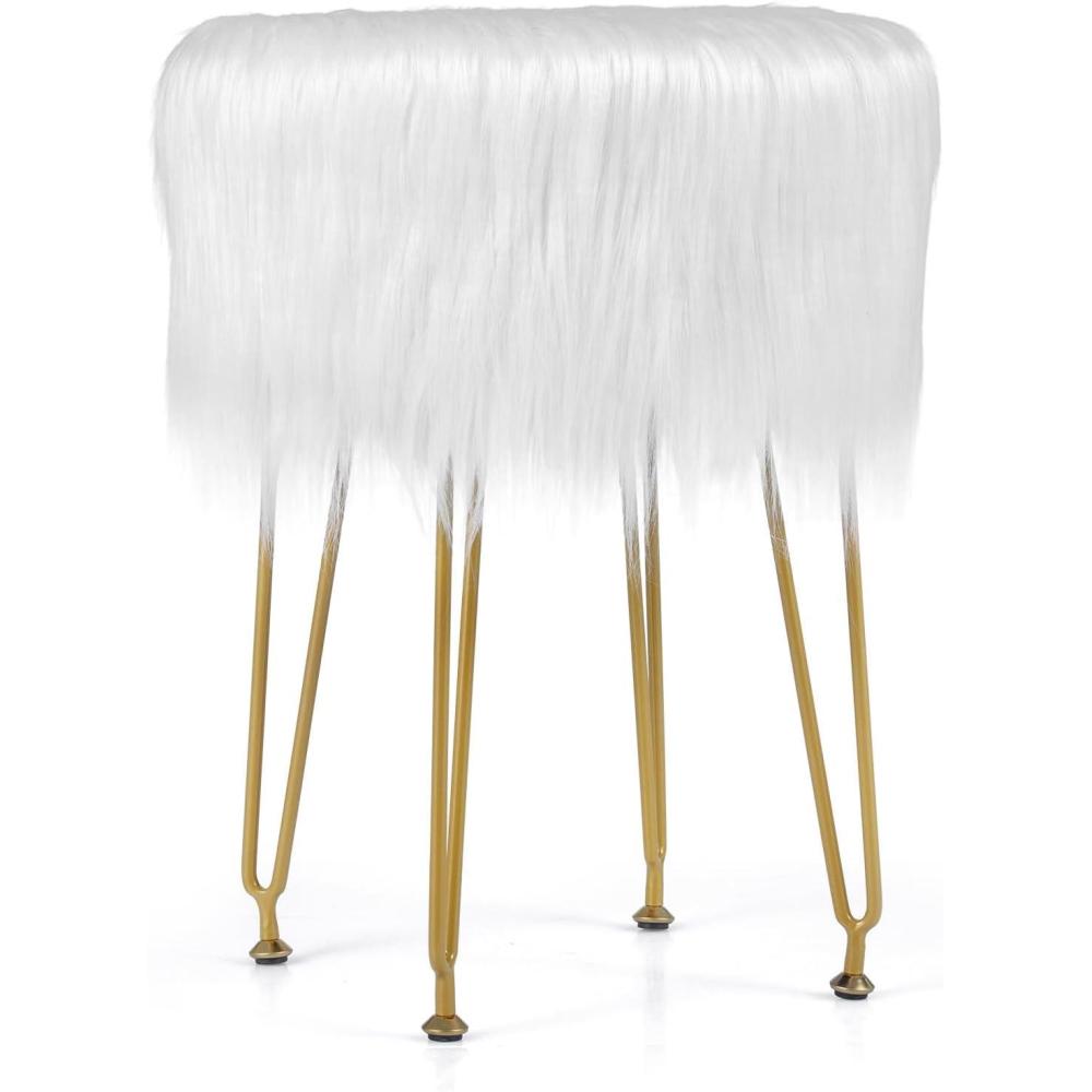 image:imageGiantex Faux Fur Vanity Stool Chair Pink Round Furry Makeup Stool with Adjustable Footings Fluffy Padded Seat 4 Metal Legs Small Ottoman Foot Rest for Living Room Bedroom Makeup Room EntrywayWhite