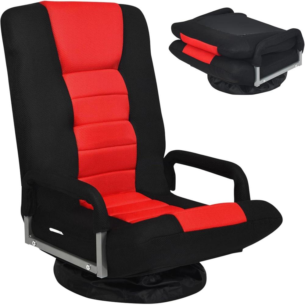image:imageGiantex Floor Chair 360 Degree Swivel Chair with Adjustable Backrest Lumbar Support Armrest Foldable Lazy Sofa Rocker for TV Reading Playing Video Games BlackGreyRed Black