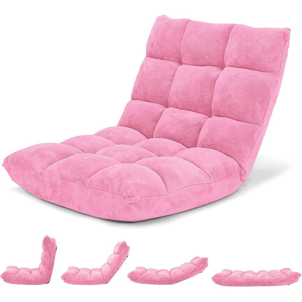 image:imageGiantex Folding Floor Chair with Back Support 14 Adjustable Position Padded Sleeper Bed Couch Recliner Gaming Floor Chairs for Adults Meditation Living Room GreyPink
