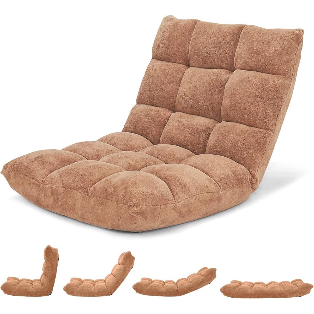 image:imageGiantex Folding Floor Chair with Back Support 14 Adjustable Position Padded Sleeper Bed Couch Recliner Gaming Floor Chairs for Adults Meditation Living Room GreyTan