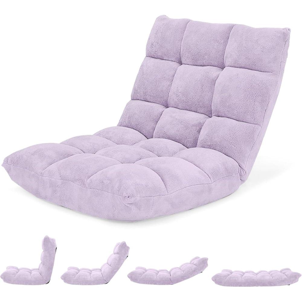 image:imageGiantex Folding Floor Chair with Back Support 14 Adjustable Position Padded Sleeper Bed Couch Recliner Gaming Floor Chairs for Adults Meditation Living Room GreyLight Purple