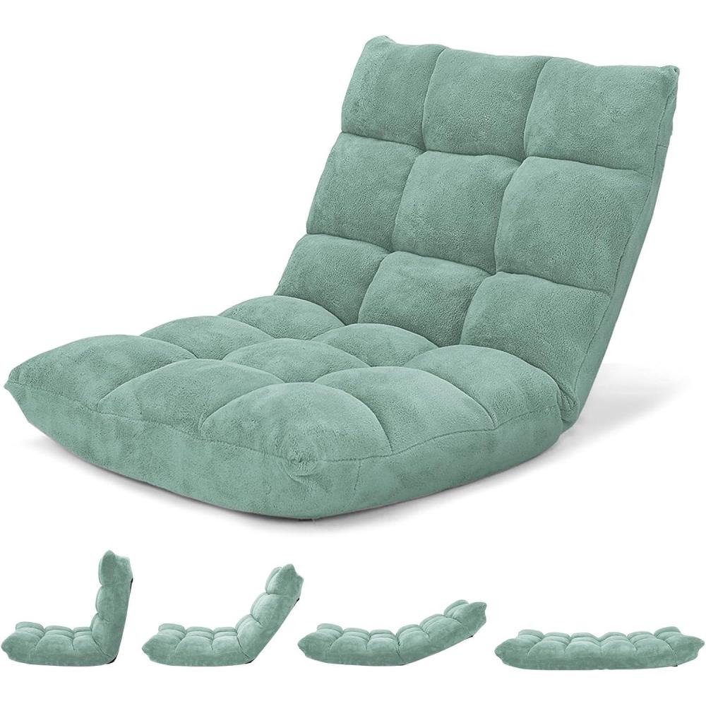 image:imageGiantex Folding Floor Chair with Back Support 14 Adjustable Position Padded Sleeper Bed Couch Recliner Gaming Floor Chairs for Adults Meditation Living Room GreyGreen