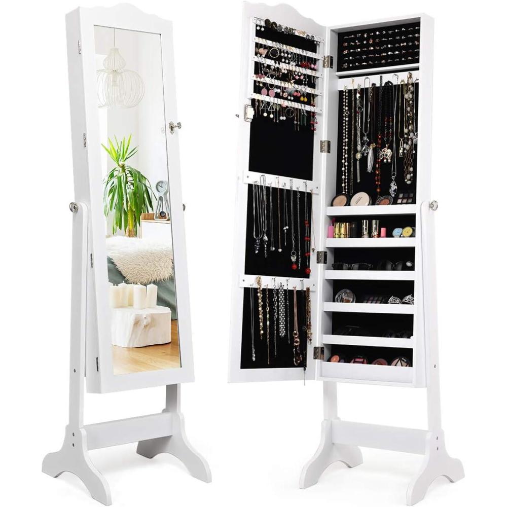 image:imageGiantex Jewelry Armoire with Full Length Mirror Lockable Standing Jewelry Cabinet Mirror with Jewelry Storage Ring Earring Necklace Makeup Display Jewelry Organizer Box for Women Girls WhiteWhite
