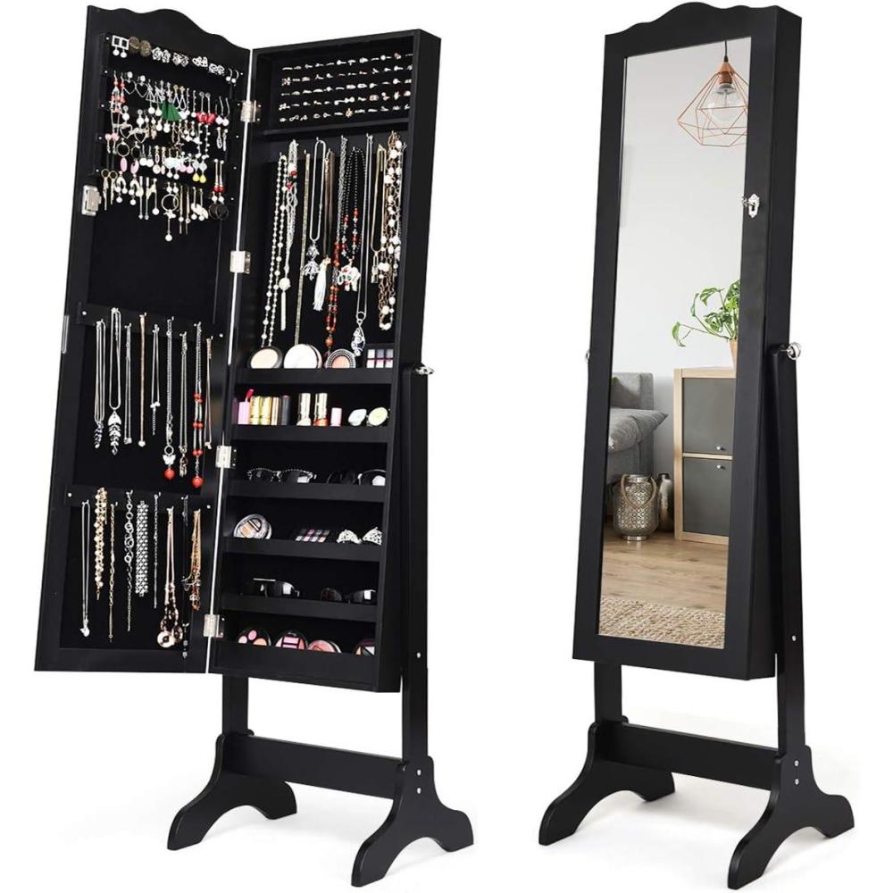 image:imageGiantex Jewelry Armoire with Full Length Mirror Lockable Standing Jewelry Cabinet Mirror with Jewelry Storage Ring Earring Necklace Makeup Display Jewelry Organizer Box for Women Girls WhiteBlack