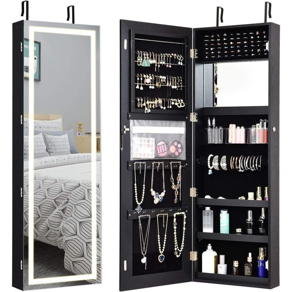 image:imageGiantex Jewelry Cabinet Armoire Door Wall Mount 472in Lockable Touch Screen Lighted Full Length Mirror 3 Lighting Settings Inside Makeup Mirror Jewelry Storage Box Organizer BlackBlack