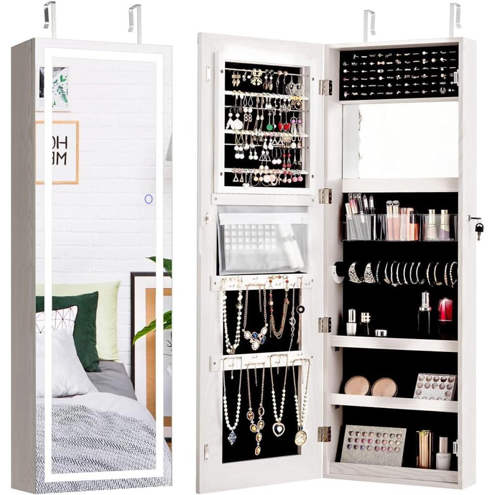 image:imageGiantex Jewelry Cabinet Armoire Door Wall Mount 472in Lockable Touch Screen Lighted Full Length Mirror 3 Lighting Settings Inside Makeup Mirror Jewelry Storage Box Organizer BlackGrayish White