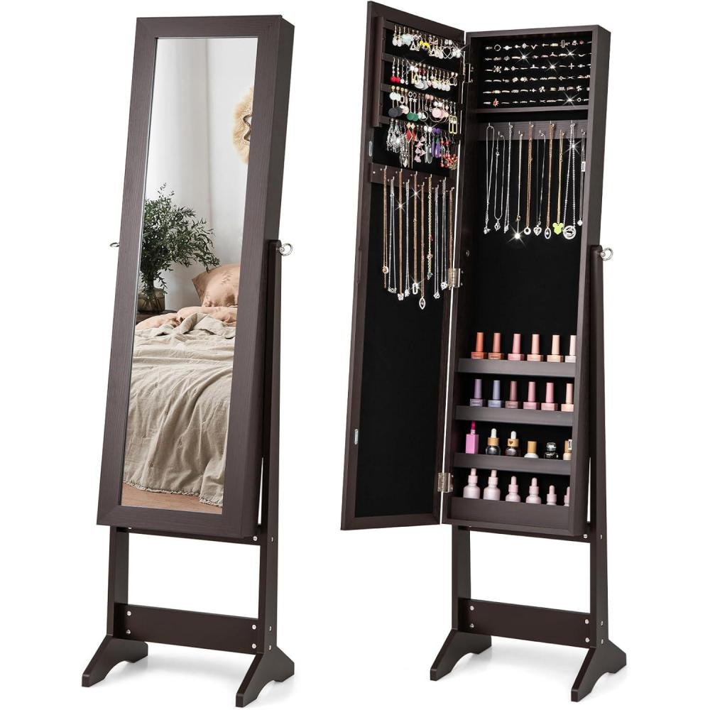 image:imageGiantex Jewelry Cabinet with FullLength Mirror Standing Jewelry Armoire Organizer with 64 Earring Slots 72 Ring Slots 20 Necklace Hooks 4 Storage Shelves 3 Angle Adjustable BlackEspresso