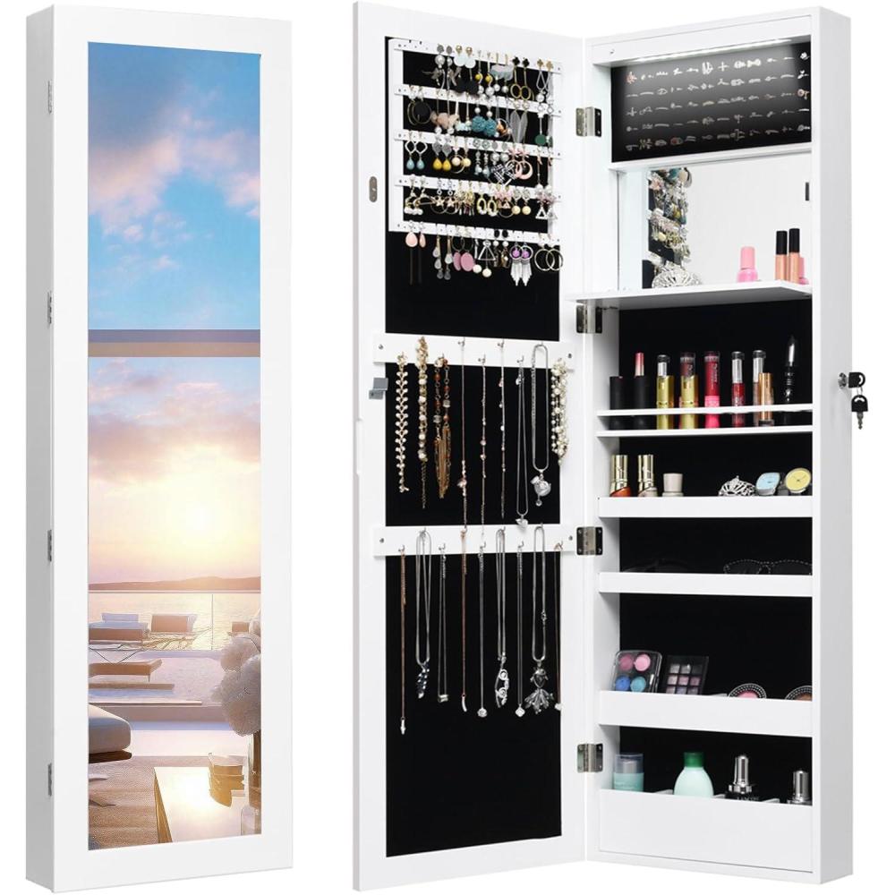 image:imageGiantex LED Jewelry Cabinet Wall Mounted Door Hanging Lockable Jewelry Armoire with 472 Full Length Mirror Foldable Makeup Tray Lipstick Brush Holders Jewelry Storage Organizer WhiteWhite