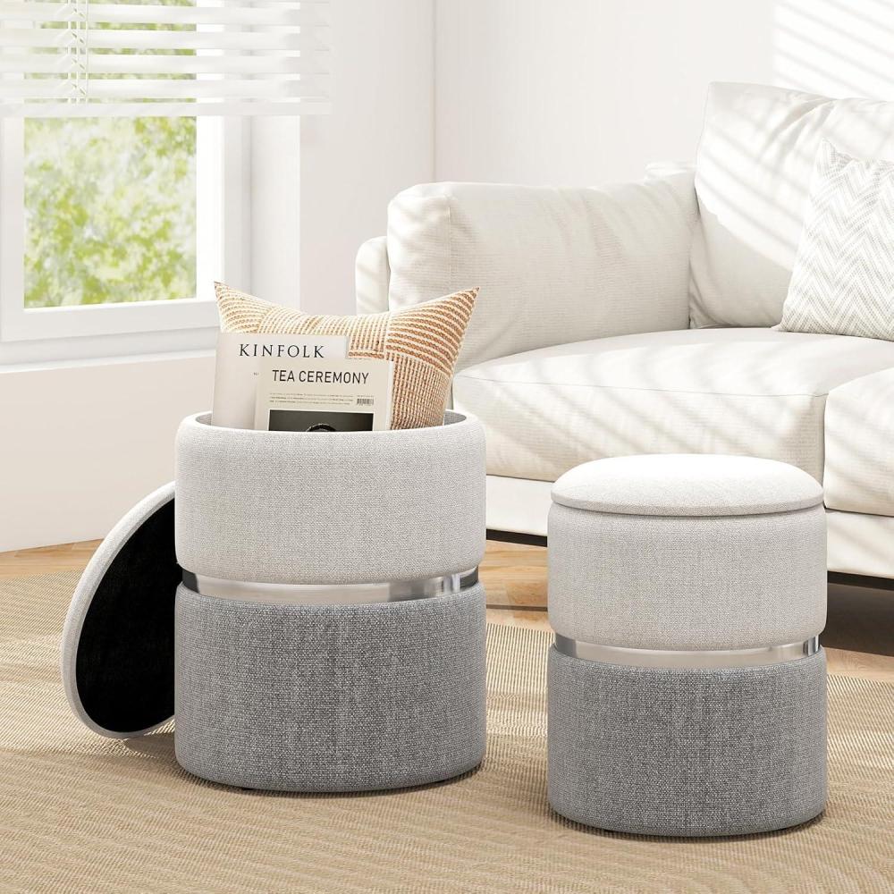 image:imageGiantex Ottoman with Storage Set of 2 Storage Ottomans 1 Large amp 1 Small Nesting Ottoman Side Table Upholstered Linen Round Foot Rest Vanity Stool for Bedroom Living Room GrayGray Silver