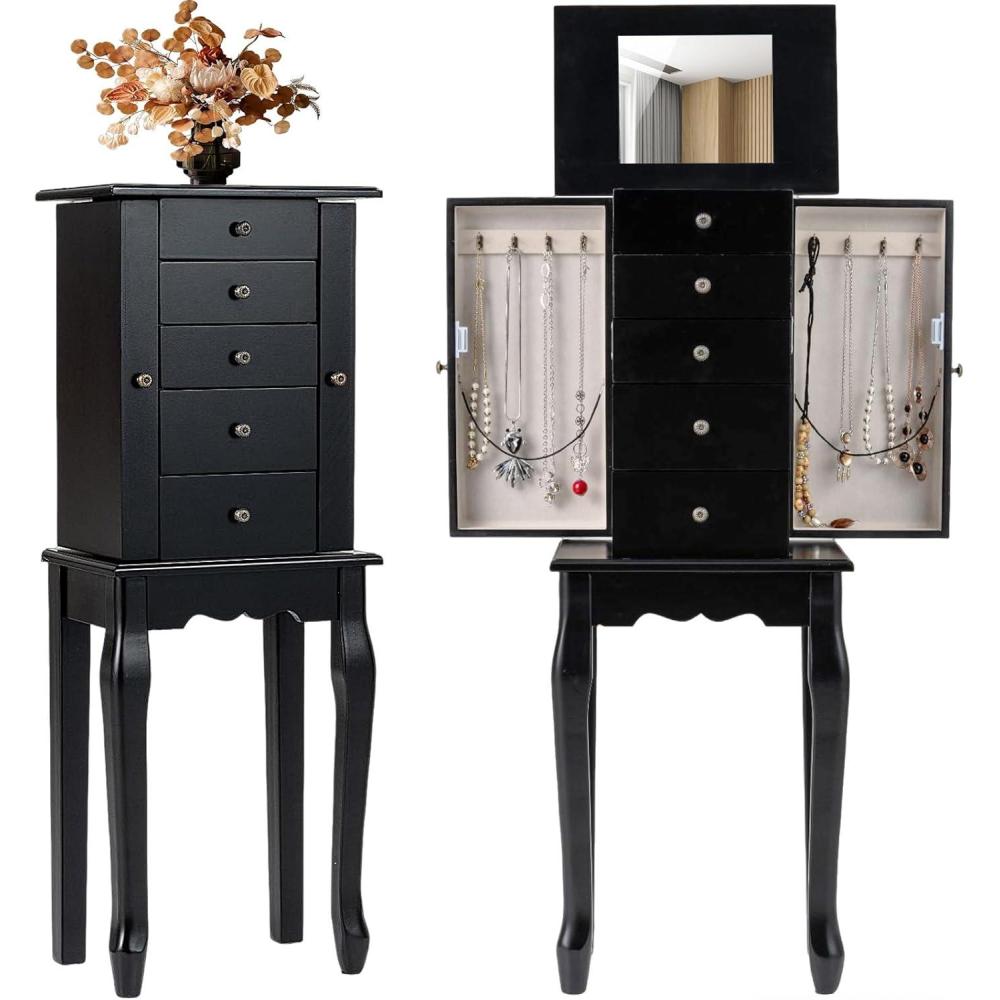 image:imageGiantex Standing Jewelry Armoire Cabinet with 4 Drawers Flip Top Mirror Top Storage Compartments 2 Side Doors with 8 Necklace Hooks Freestanding Jewelry Organizer Box Chest BlackBlack