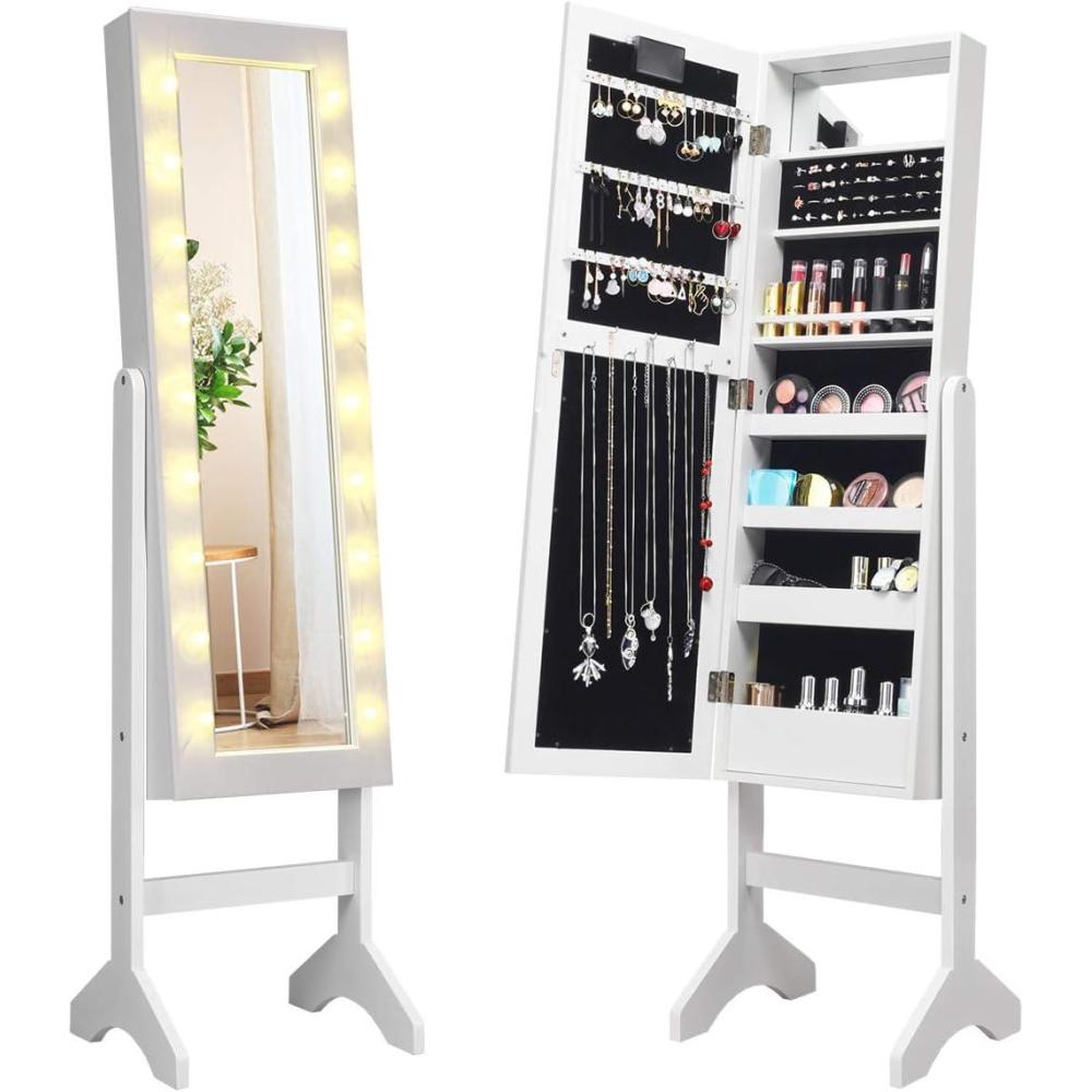 image:imageGiantex Standing Jewelry Armoire with 18 LED Lights Around the Door Large Storage Mirrored Jewelry Cabinet with Full Length Mirror 16 Lipstick Holders 1 Inside Makeup Mirror WhiteWhite