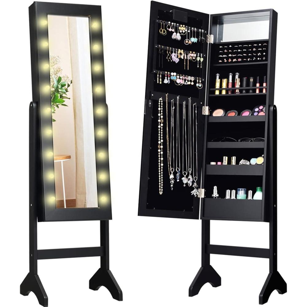 image:imageGiantex Standing Jewelry Armoire with 18 LED Lights Around the Door Large Storage Mirrored Jewelry Cabinet with Full Length Mirror 16 Lipstick Holders 1 Inside Makeup Mirror WhiteBlack