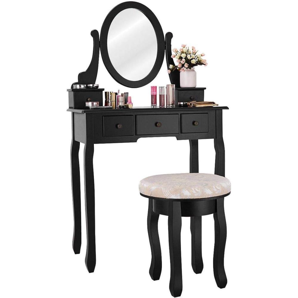 image:imageGiantex Vanity Makeup Table Set Bedroom Furniture with Cushioned Padded Stool amp 5 Drawer Round 360 Degree Rotation Swivel Mirror Dressing Table Stool Wooden Vanity Set Black with 5 Drawer